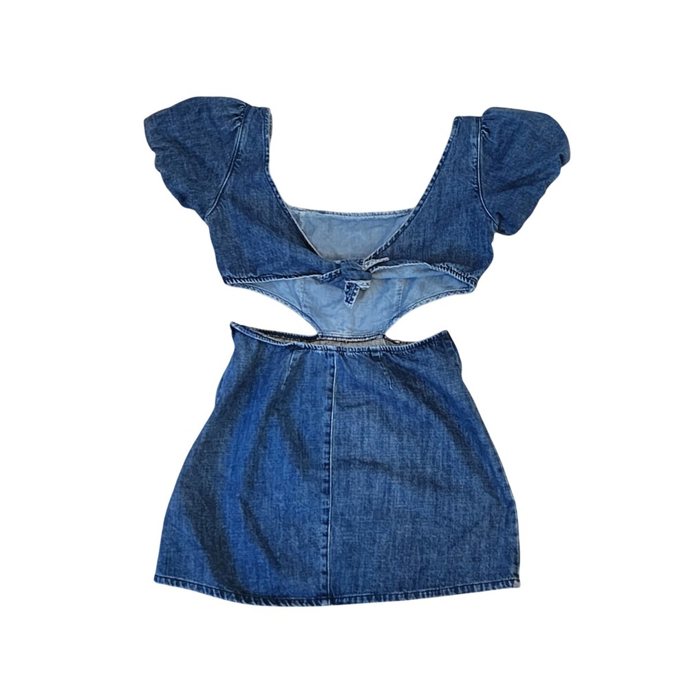 Show Me Your Mumu City Cut Out Mini Denim Dress Puff Sleeve Festival Western, Lg - Picture 4 of 8